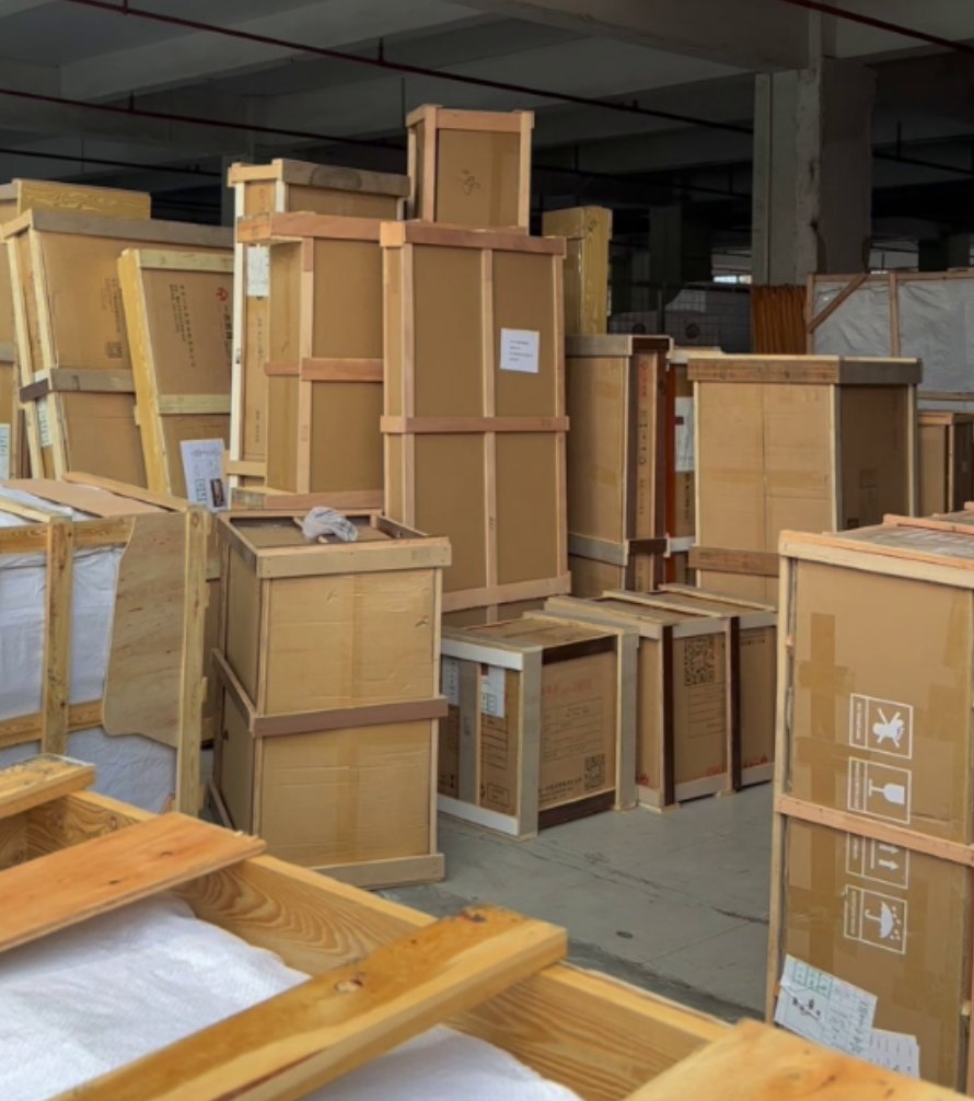 Wooden shipping crates inside the factory